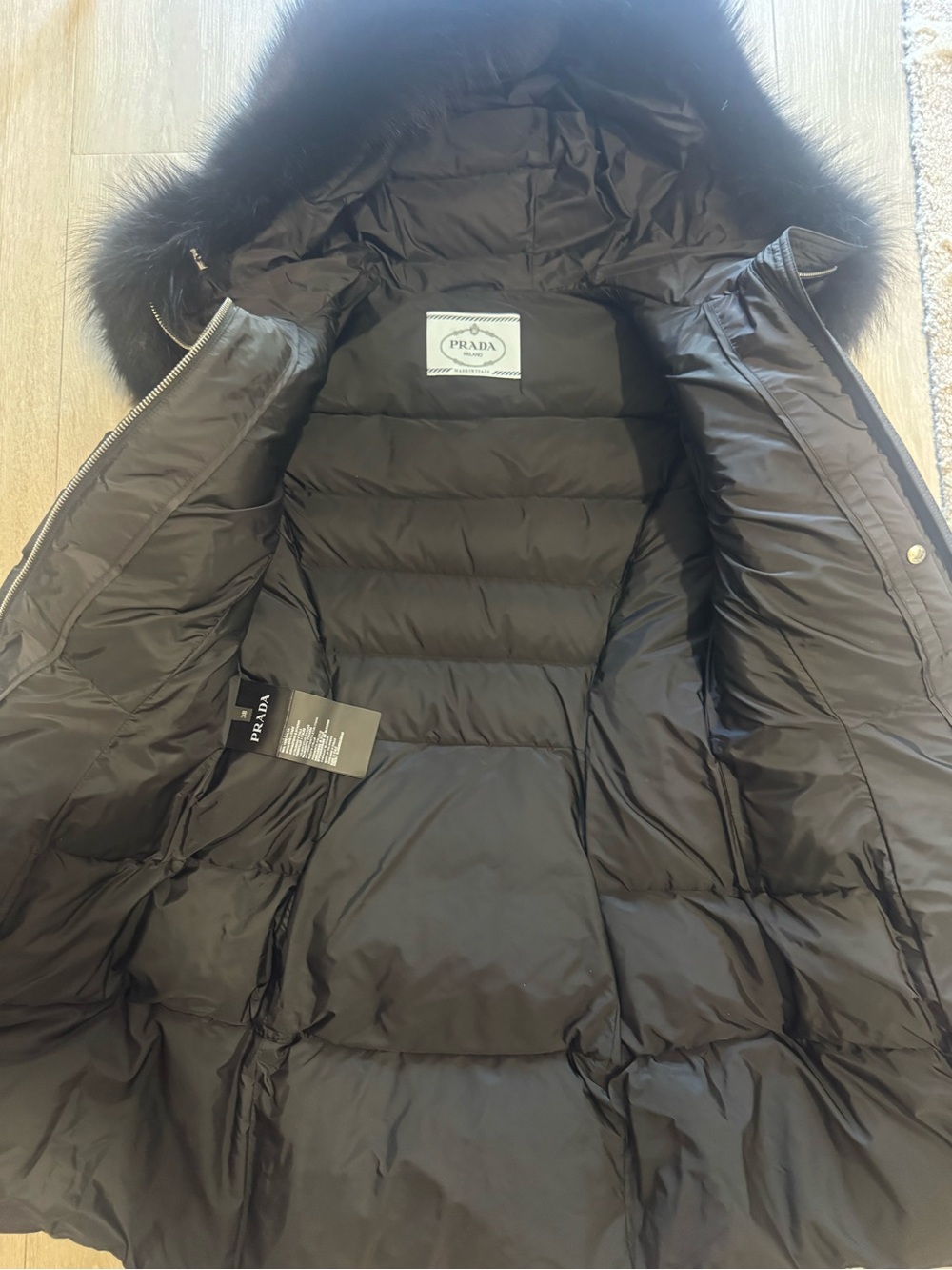 Prada Black Quilted Down Puffer Coat with Fur-Trim Hood - Picture 5 of 6